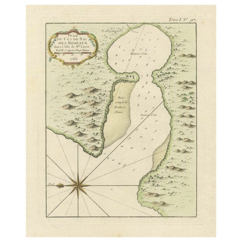 Roseaux, St. Lucia Island Map by Bellin, Handcolored Engraving, 1763