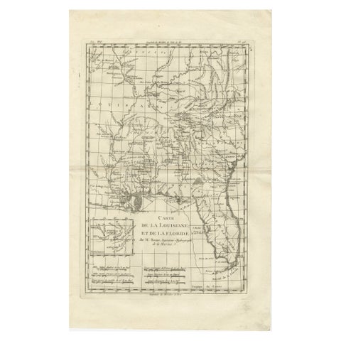 Antique Map Louisiana & Mississippi Valley, Florida Region, Bonne c.1780