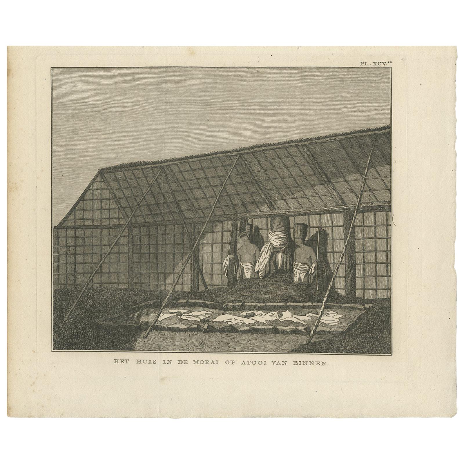 Antique Print of a House in Atooi by Cook - 1803