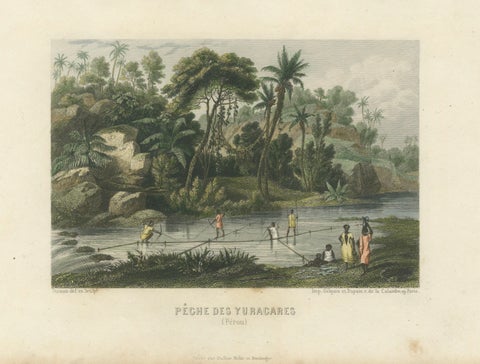 Original Antique Print of Yuracaré Fishing in Peru by Dureau, c.1840