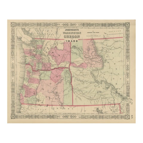 Washington Oregon Idaho Map – Johnson, Hand-Colored, c.1864