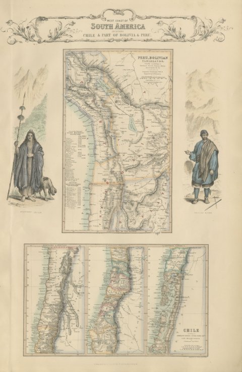 Antique Map of the West Coast of South America with Costume Figures, circa 1860