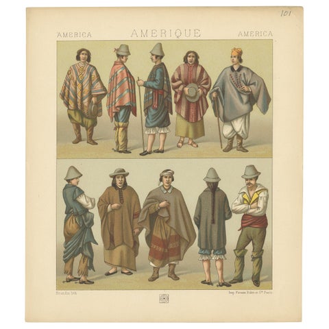 Pl. 101 Antique Print of American Costumes Racinet, 'circa 1880'