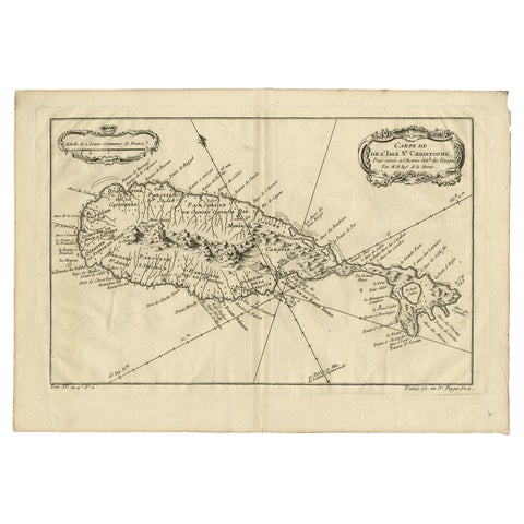 Antique Map of the Caribbean Island of St Kitts, ca.1750