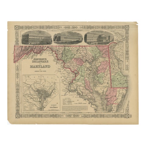 Delaware and Maryland Map – Johnson, Hand-Colored with Insets, 1864