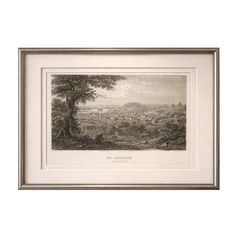 St Joseph Missouri Antique Print, River Town View, Steamboat c.1850