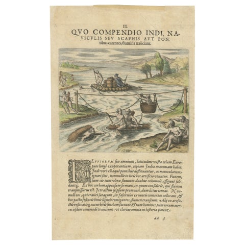 America, River Crossing by Indigenous People with Rafts and Canoes, De Bry, 1594