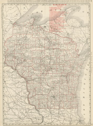 Antique Map of Wisconsin, The Badger State, Rand McNally, 1899
