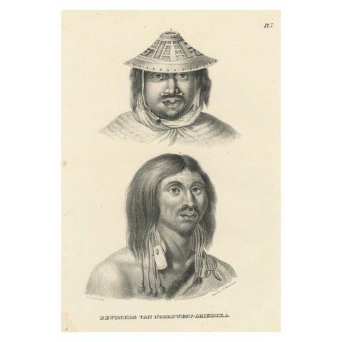 Antique lithograph of Northwest American inhabitants, Brodtmann 1827