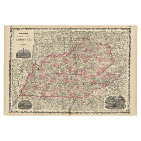 Civil War Era Map of Kentucky and Tennessee with Scenic Insets, Published 1864