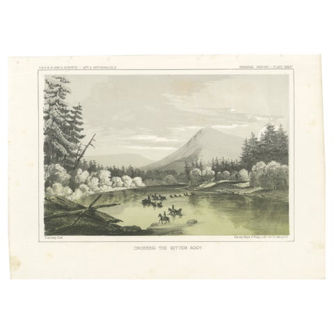 Crossing the Bitter Root River in Western Montana, USA - Tinted Lithograph, 1856