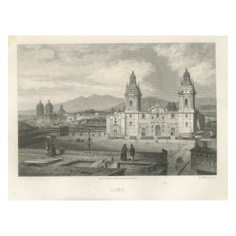 Rare Antique Engraving – Lima, Peru with Cathedral and Plaza Mayor, 1867