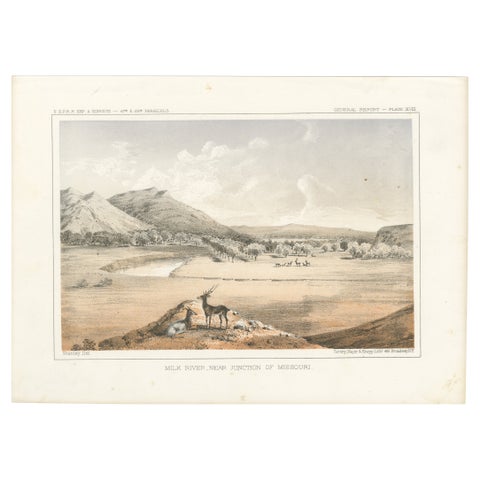 Scenic View of Milk River and Missouri Junction with Wildlife - Lithograph 1856