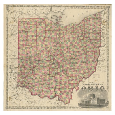 Antique Railroad & Township Map of Ohio by C.O. Titus, Paper, 1871