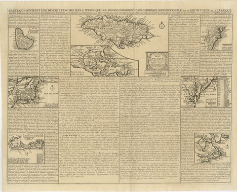 Rare French Colonial America Map, Jamaica Barbados Carolina, c.1719