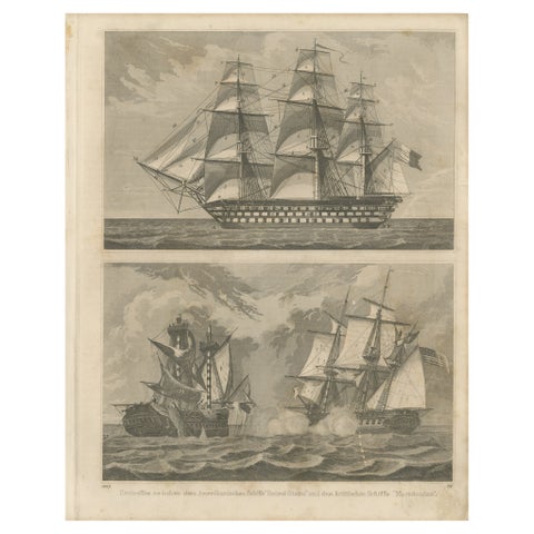 Antique Sea Battle Print Between an American and a British Ship, 1847