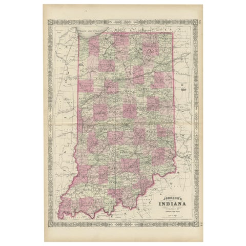 Decorative 1864 Civil War Era Map of Indiana with Lake Michigan Detail