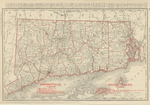 Antique Map of Connecticut and Rhode Island, with Narragansett Bay, 1899