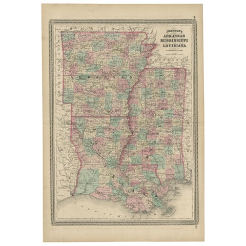 Antique Map of Arkansas, Mississippi and Louisiana by Johnson, 1872