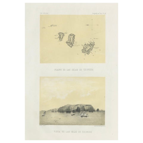 Chincha Islands Antique Lithograph 1865 – Map & Coastal Scene, Peru