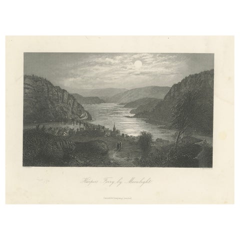 Harper’s Ferry by Moonlight, Potomac River Night View – Antique Engraving, 1872