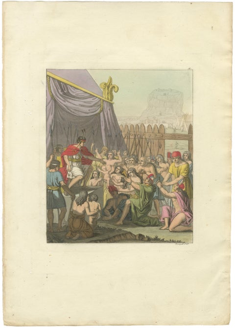 Original Antique Hand-Colored Engraving of Mayta Capac's Clemency, Peru, c.1821